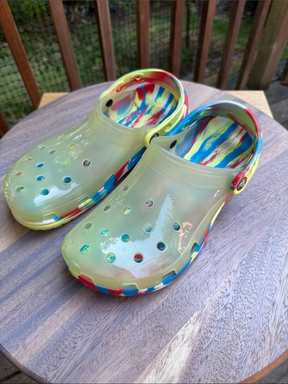 CROCS Iridescent Yellow Clogs with Multicolor Trim - Picture 3 of 14